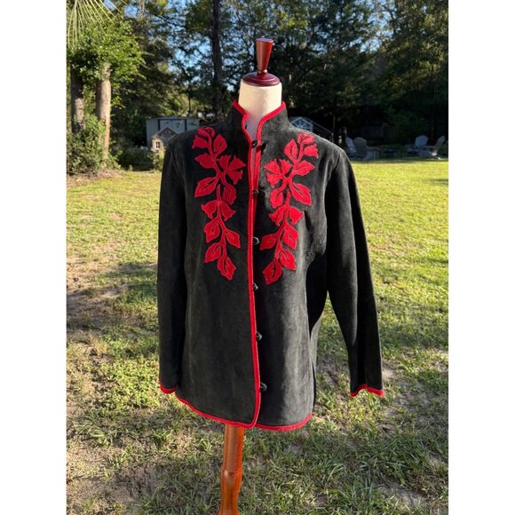Vtg Dell Ollio  Black 100% Leather Suede Kimono Tunic Embroidered Jacket Goth - Picture 3 of 11